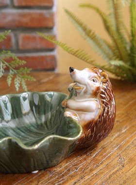 美式乡村创意可爱陶瓷小刺猬荷叶盘 收纳庭院摆件