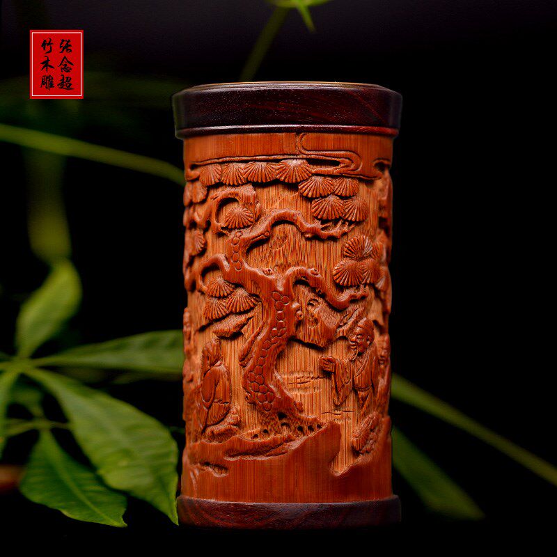 竹雕名家张念超本工茶叶罐渔樵耕读茶叶筒竹制密封罐存茶罐竹筒