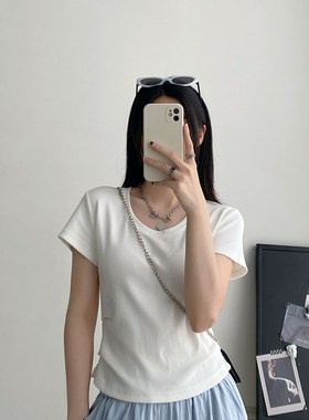 sun柚 巨显瘦抽褶设计短袖T恤女内搭夏季修身显瘦U领白色打底上衣