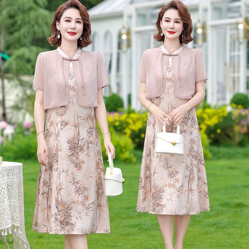 妈妈夏装新中式连衣裙两件套时尚洋气中老年女装国风套装雪纺裙子,女装/女士精品,中老年女装,淘宝优惠券,粉丝福利购,淘宝优惠卷