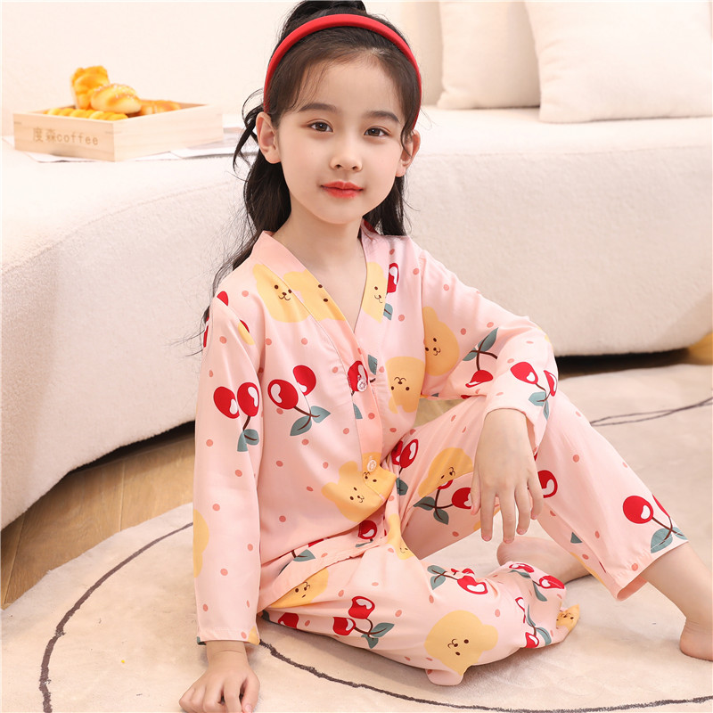 2023新款儿童睡衣男孩夏天棉绸长袖卡通开衫中大童男童家居服套装