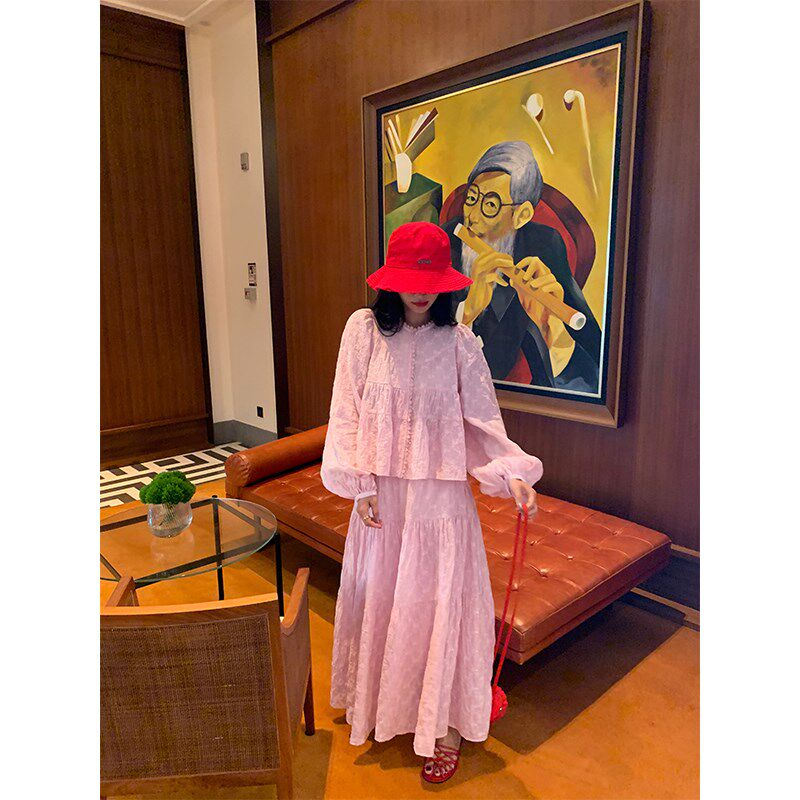 落落狷介 套装裙开春穿搭一整套女粉色两件套小个子衬衫+半身裙