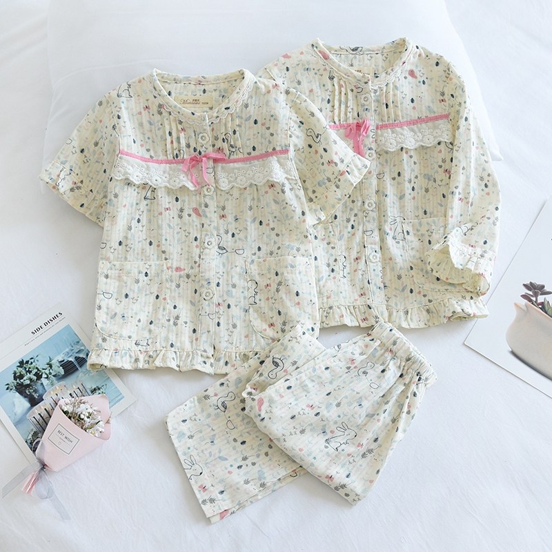 女童春夏薄纯棉纱布睡衣防蚊服长袖儿童三件套全棉家居服夏空调服