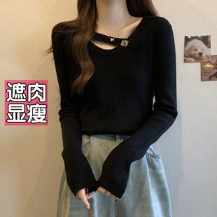 胖mm遮肚上衣藏肉 大码 慵懒风软糯毛衣女秋冬2024新款 针织衫 打底衫
