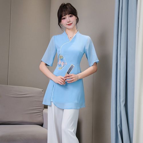 新款两件套足疗足浴养生按摩技师工作服套装采耳师工衣仙气款长裤