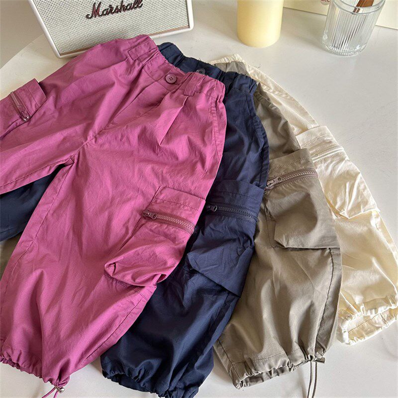 夏季儿童薄款长裤 女童玫红色休闲束脚裤 男宝宝洋气大口袋工装裤