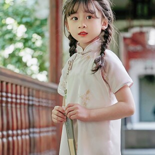 朝奈全开襟真丝包边儿童旗袍女夏季民国风民国装女童夏女宝粉色