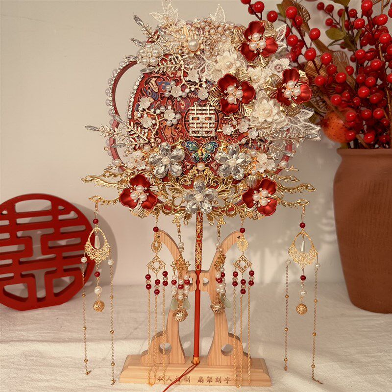 团扇新娘结婚秀禾婚扇婚礼diy材料扇子高级双面喜扇成品出嫁中式