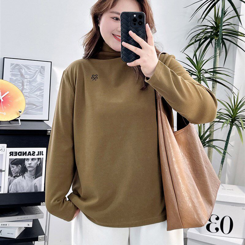 宛宛大码加绒半高领长袖t恤上衣女秋冬微胖mm宽松显瘦内搭打底衫