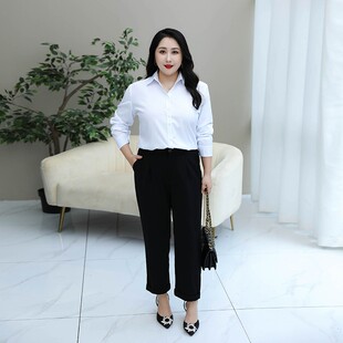 微胖V领职业白衬衫女长袖加绒200斤胖mm大码加厚工作服正工装衬衣