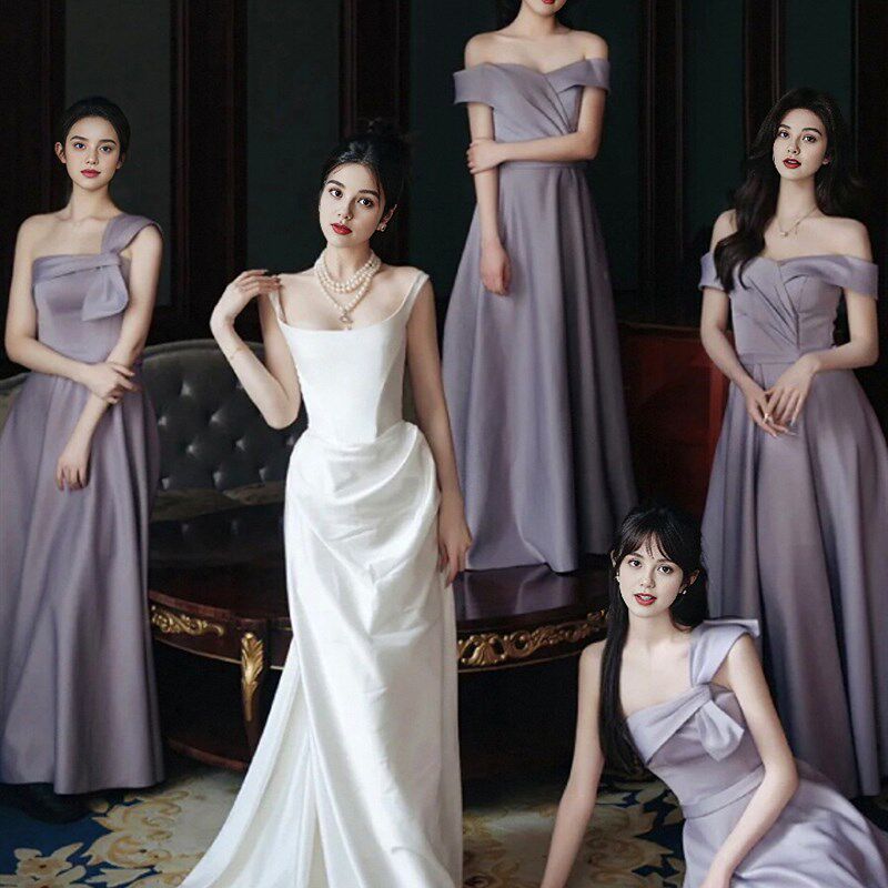 伴娘服女缎面紫色日常可穿姐妹团礼服合唱表演主持人晚礼服裙夏季