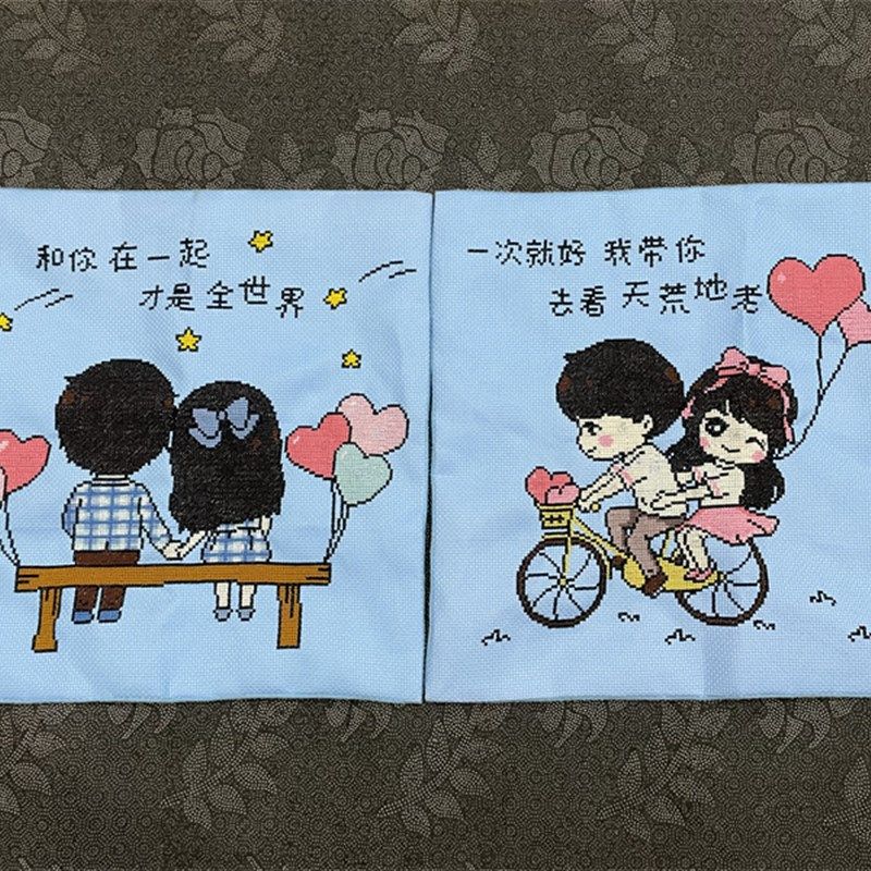 纯手工十字绣成品抱枕套靠枕汽车枕头温馨爱情单车情侣抱枕幸福,居家布艺,十字绣成品,淘宝优惠券,粉丝福利购,淘宝优惠卷