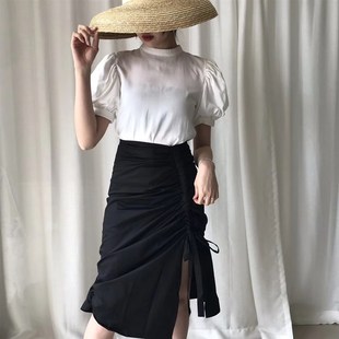 纯色复古女T恤衫 2021年夏季 港味泡泡短袖 人气韩版 学院风灯笼袖