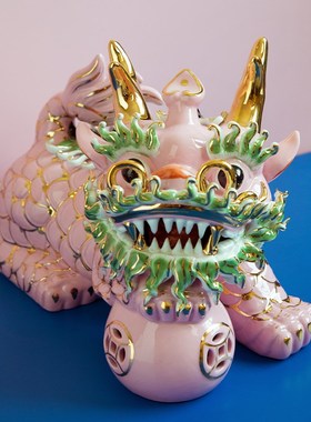 新中式中古粉色麒麟陶瓷龙创意摆件乔迁礼物家居美学玄关招财镇宅
