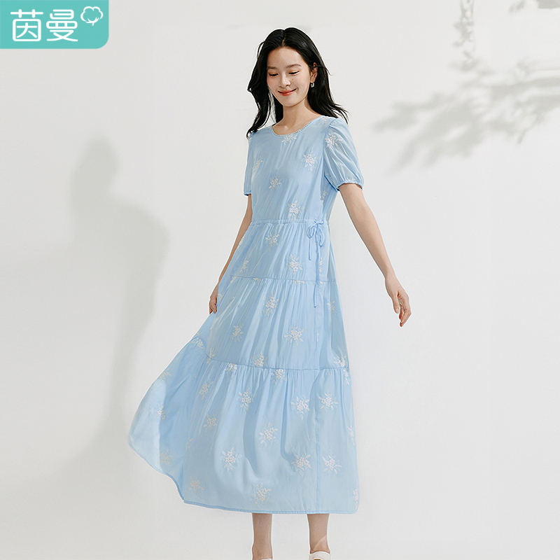 【商场同款】茵曼法式刺绣连衣裙2025夏季女装新款宽松泡泡袖裙子