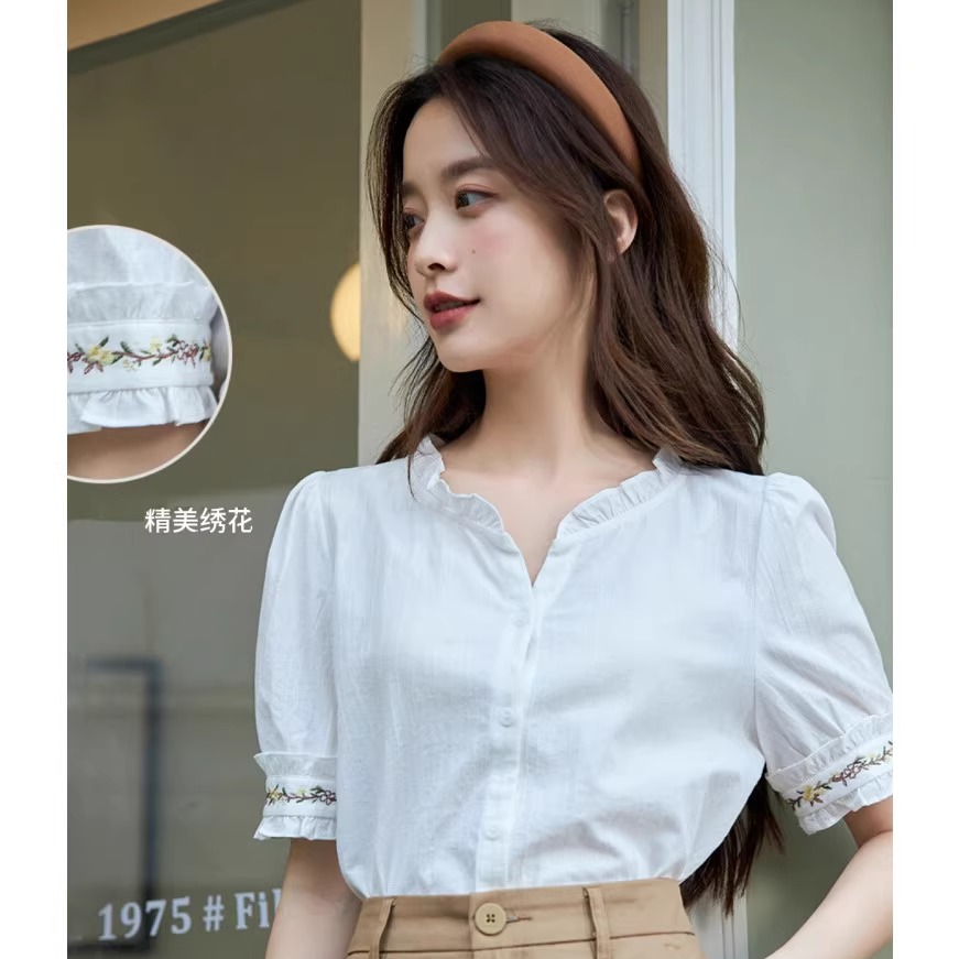 茵曼田园休闲木耳边短袖白衬衫女2025夏文艺精美绣花时尚纯棉衬衣