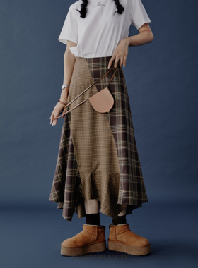 Sayhitotomato复古棕色格子撞色分割拼接不规则长款显瘦鱼尾半裙