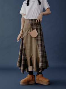 Sayhitotomato复古棕色格子撞色分割拼接不规则长款 显瘦鱼尾半裙