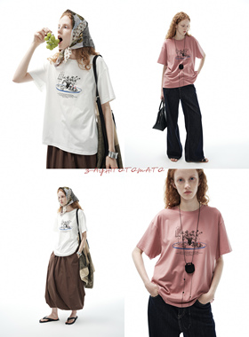 Sayhitotomato【餐桌】基础白色灰粉色印花夏季棉短袖宽松短袖T恤