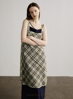 Sayhitotomato透纱撞色斜裁格纹叠穿吊带罩衫背心连衣裙
