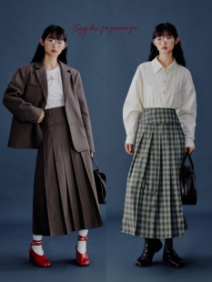 Sayhitotomato结构压褶精纺羊毛格纹重工A百褶半裙