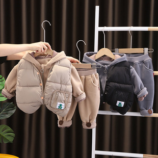 棉衣马甲加绒加厚男女童冬季 新款 三件套宝宝连帽代发 套装 儿童冬装