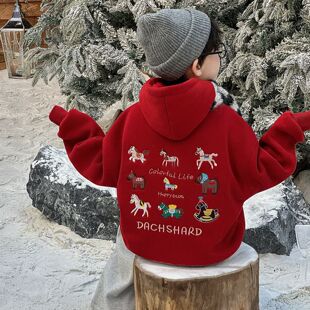 男童加绒卫衣秋冬款2025新款儿童红色加厚连帽上衣中大童帅气冬装