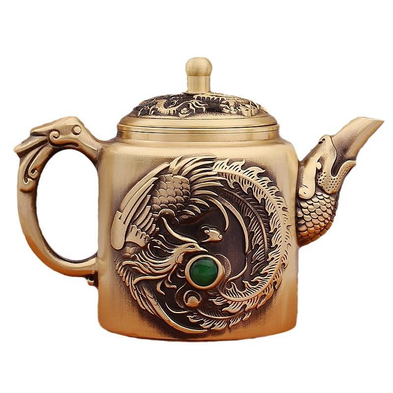 复古绿宝石龙凤茶壶转转龙凤戏珠酒壶铜器桌面装饰黄铜金属工艺品