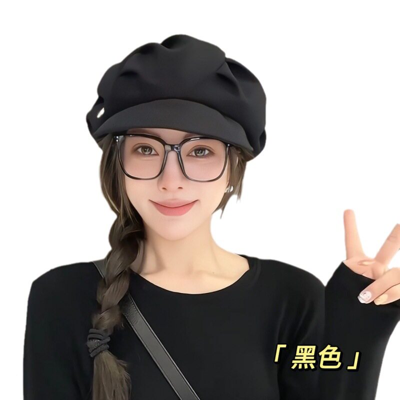 韩版褶皱云朵贝雷帽女大头围显脸