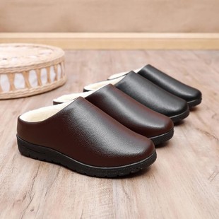 男士棉拖鞋冬季加绒加厚保暖防滑一脚蹬居家室内中老年人皮面棉鞋