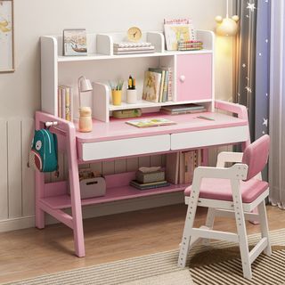 书桌书架一体实木腿学习桌子 家用小学生卧室女孩写字桌椅套装