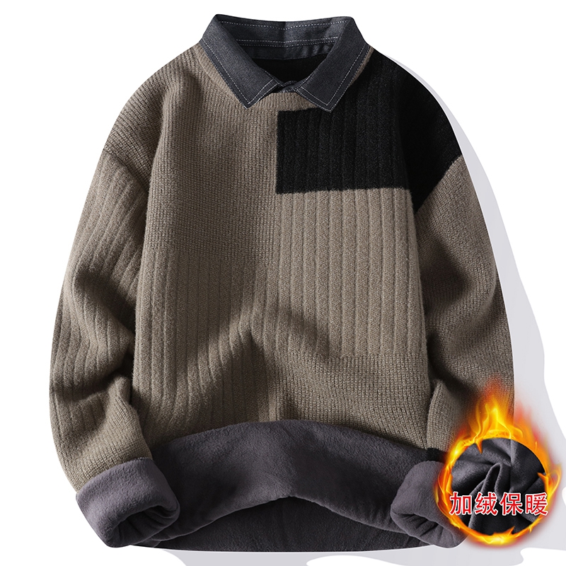 假两件针织打底衫男士毛衣衬衫领线衣2025新款秋冬季加绒加1126e