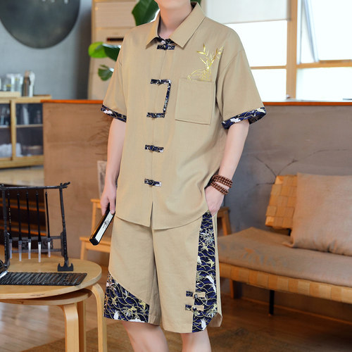 唐装男夏季半袖套士复古风中