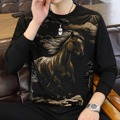 2025新款秋季男士长袖T恤高级感卫衣男潮流战马烫钻打底衫上衣服