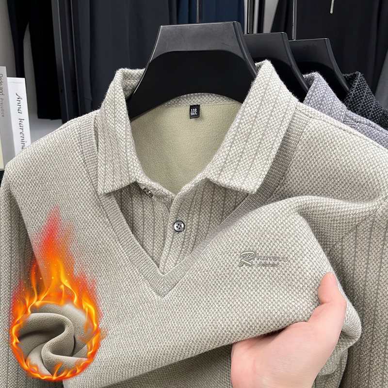 2025新款秋冬季男士假两件针织衫毛衣翻领上衣雪貂加绒加厚打底衫