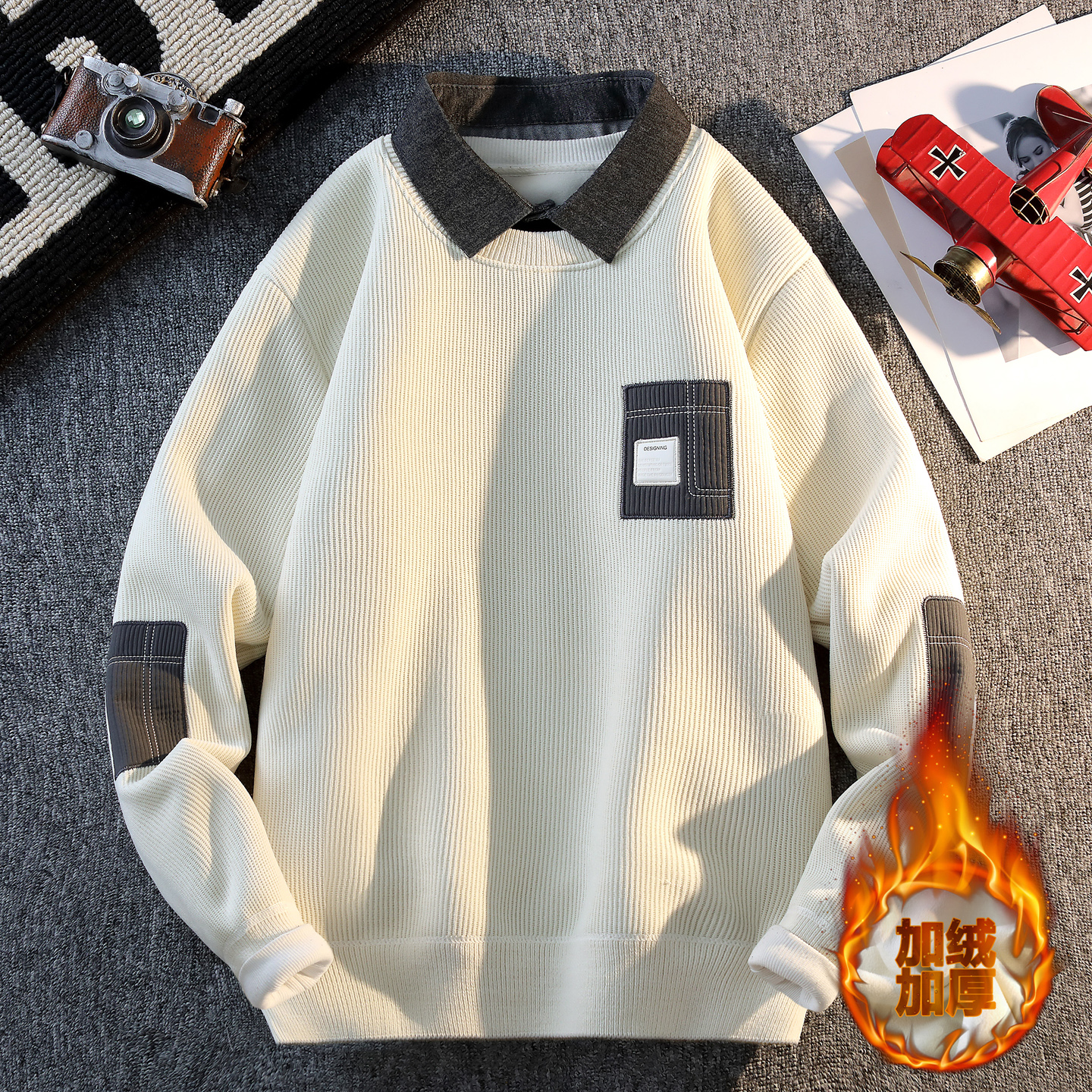 假两件衬衫领针织衫男士加绒加厚保暖秋冬季贴布一体绒毛衣休闲衫