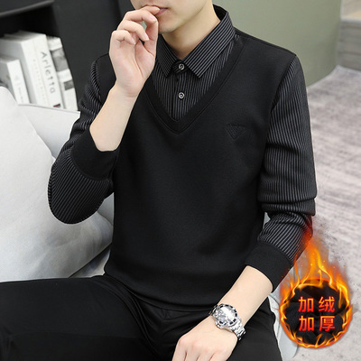 毛衣男款冬季假两件衬衫男加绒加厚秋冬高端男士打底衫男装针织衫