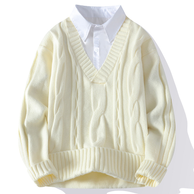 白色衬衫领毛衣男秋冬款假两件针织衫男感宽松毛线衣外套1126e