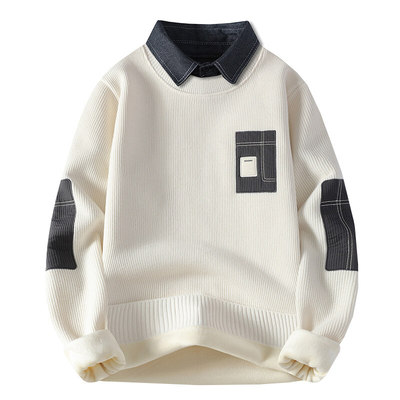 假两件毛衣男秋冬季加绒厚衬