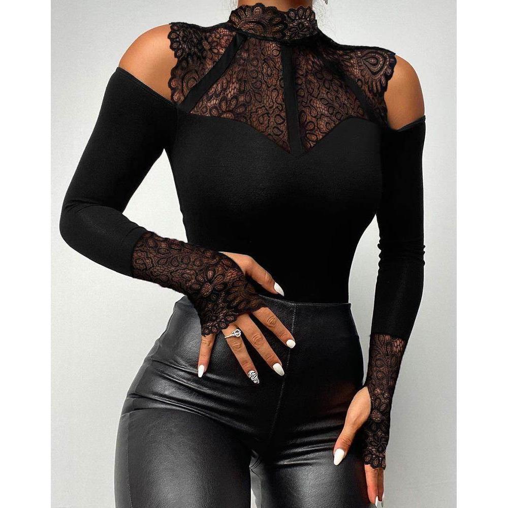 蕾丝拼接紧身连体衣 Contrast Lace Cold Shoulder Bodysuit