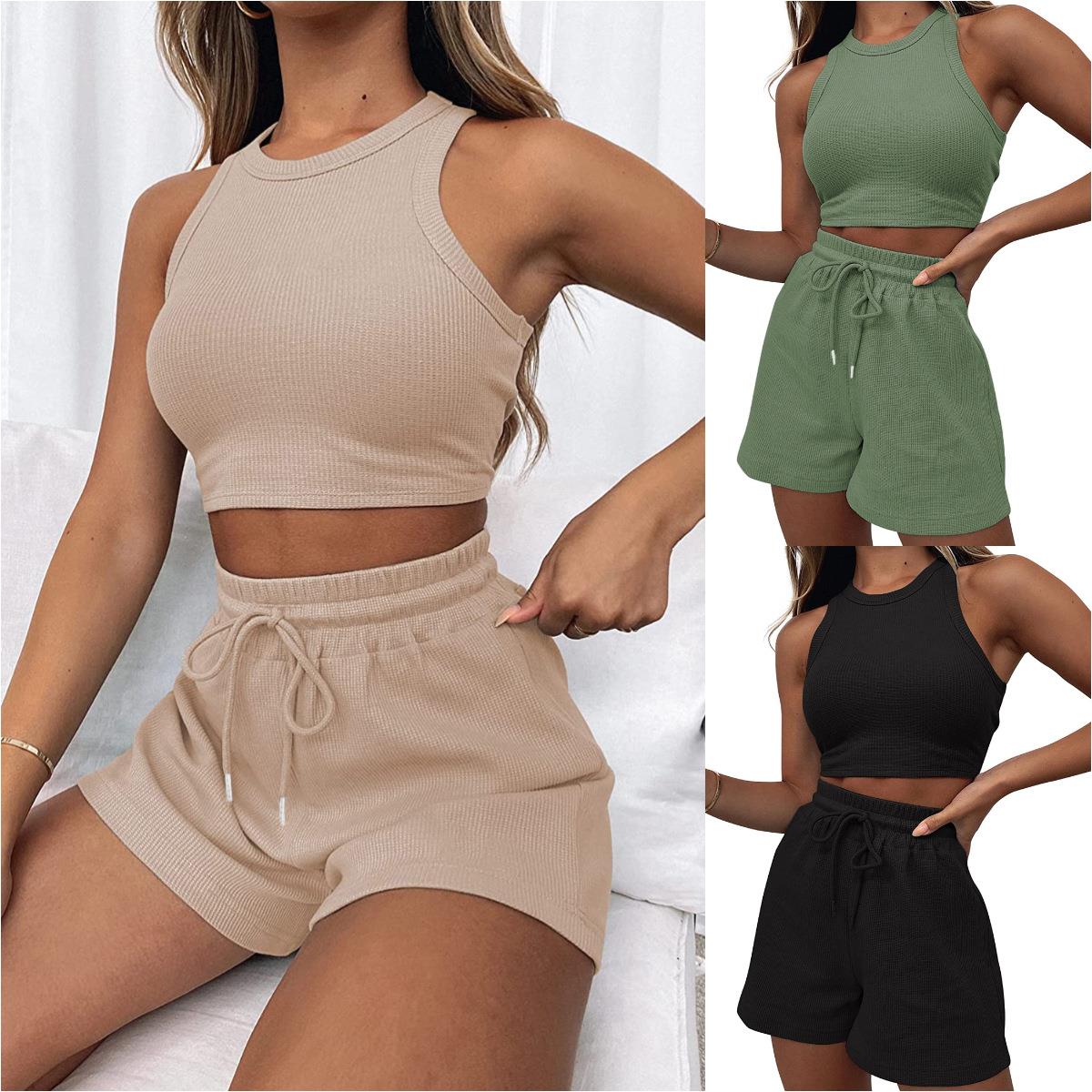 Women's fashionable solid color vest and shorts set