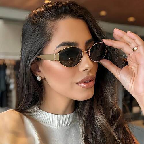 Oval Sunglasses for Women Men Trendy Metal Frame Sun Glasses