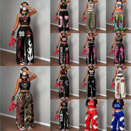 Hot girl hip-hop flower vest+wide leg pants set