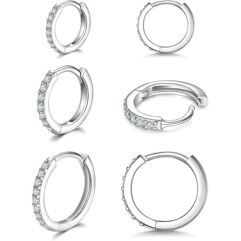 Silver Small Hoop Earrings Zirconia Huggie 锆石耳环