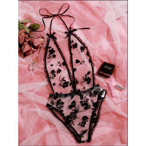 Sexy lingerie sexy mesh lace-up halter one-piece lingerie