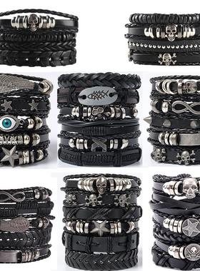 跨界男士DIY编织西装皮革手炼欧美畅销的骷髅串珠朋克风格组合手