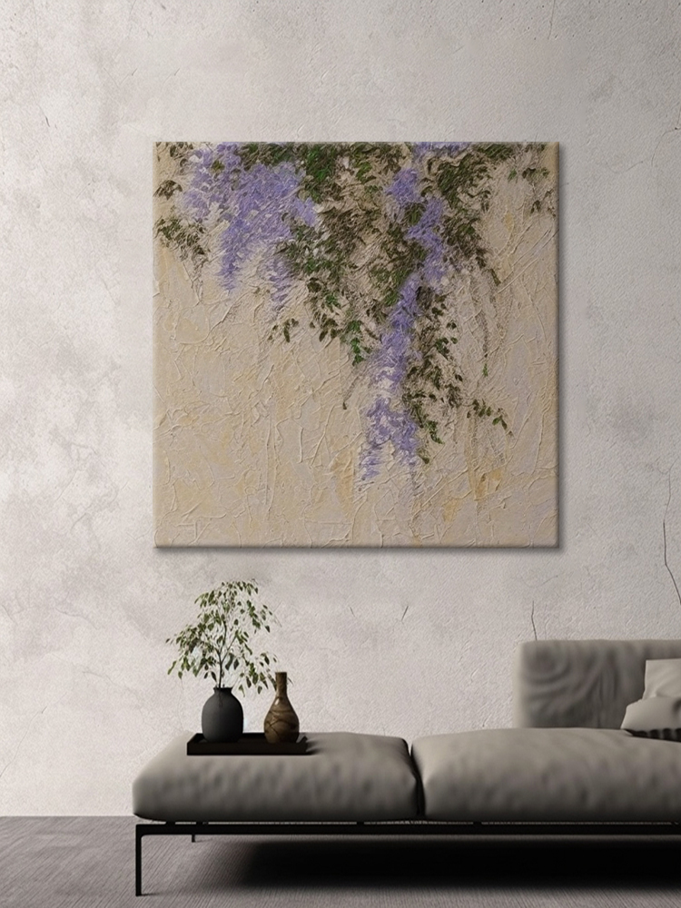 紫藤花纯手绘油画新中式玄关装饰画客厅抽象肌理紫色花卉丙烯挂画图片