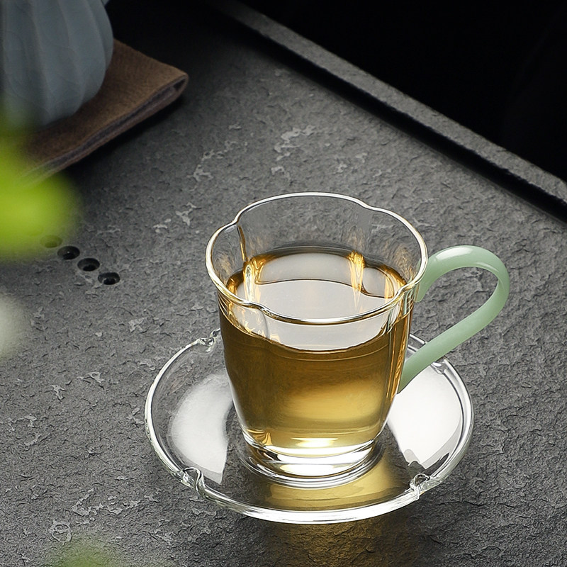 精致加厚耐高温玻璃带把品茗杯小茶杯带杯托茶托功夫茶下午茶茶具
