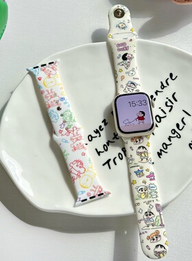 适用苹果iwatch10表带watchs9/8/7654SE彩绘蜡笔小新硅胶表带小众