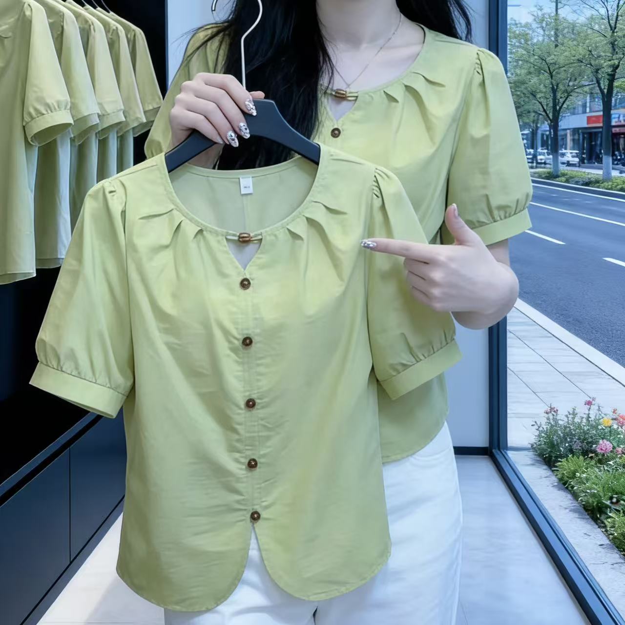 圆领甜美时尚简约气质百搭遮肚显瘦夏季短款小个子减龄衬衫女